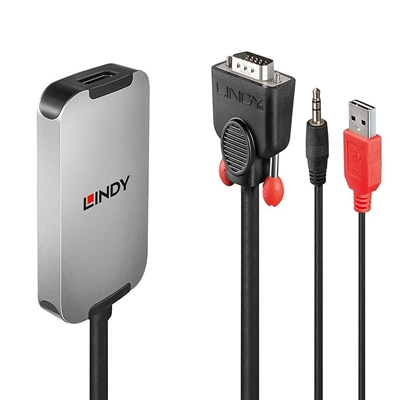 Lindy 38296 0.18m VGA & Audio (M) To DisplayPort (F) 1.2 USB Powered 1920×1080@60Hz Adapter Cable – Black