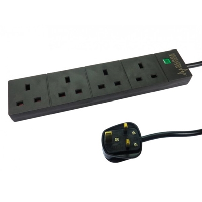 2m 4 Gang Surge Protected LED Indicator UK Mains Extension – Black