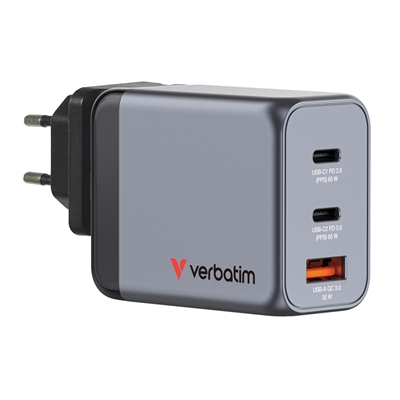 Verbatim GNC-65 GaN Charger 65W with 2 x USB-C PD 65W / 1 x USB-A QC 3.0 (EU/UK/US)