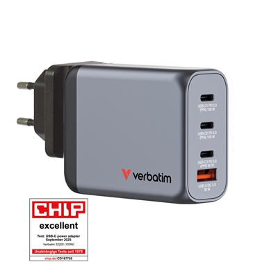 Verbatim GNC-100 GaN Charger 100W with 2 x USB-C PD 100W / 1 x USB-C PD 65W / 1 x USB-A QC 3.0 (EU/UK/US)