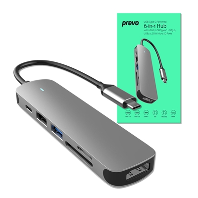 Prevo C605A 6-In-1 USB-C 4K Media and Data Transfer Hub Docking Station with 60W Passthrough, USB-C, HDMI, SD, USB-A  for PC, Laptop, Tablet – Windows and Mac iOS Compatible