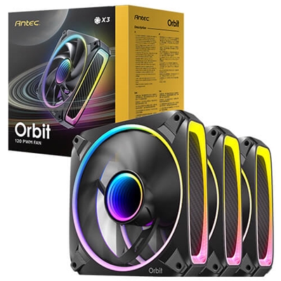 Antec Orbit 120 ARGB 120 mm PWM Fan Triple Pack  – 120 mm x 28 mm, Fluid Dynamic Bearing, 200-2000 RPM, 66.72 CFM, aRGB Lighting, Anti-Vibration Pads