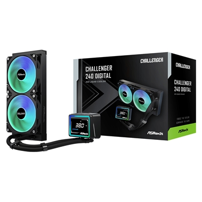 ASRock Challenger 240 Digital AIO Liquid CPU Cooler, 240mm Radiator, Dual 120mm PWM ARGB Fans, 3″ Digital Display, Intel LGA1700/1851 & AMD AM5/AM4 Compatible