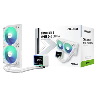 ASRock Challenger 240 Digital AIO Liquid CPU Cooler, 240mm Radiator,White, Dual 120mm PWM ARGB Fans, 3″ Digital Display, Intel LGA1700/1851 & AMD AM5/AM4 Compatible