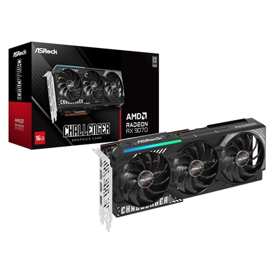 ASRock AMD Radeon RX 9070 Challenger OC 16GB GDDR6 Graphics Card, 3584 Streams, 2520 MHz Boost Clock, Triple Fan, RGB, 3x DisplayPorts / 1x HDMI Port