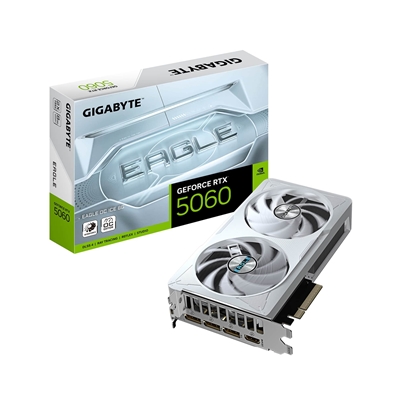 Gigabyte NVIDIA GeForce RTX 5060 EAGLE OC ICE 8GB GDDR7 Graphics Card, 3840 CUDA Cores, 2550 MHz Core Clock, Dual Fan, White, 3x DisplayPorts / 1x HDMI Port