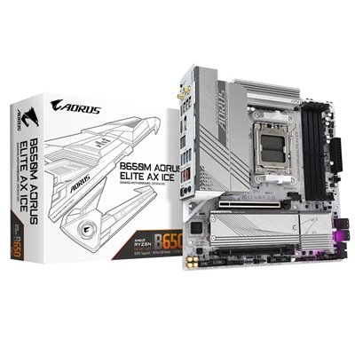 Gigabyte B650M AORUS ELITE AX ICE AMD AM5 Socket Motherboard, Micro-ATX, 4x DDR5 Slots, 2x M.2 Sockets, Fitted I/O Shield, 2.5GbE LAN, Wi-Fi 6E, 1x DisplayPort / 1x HDMI Port
