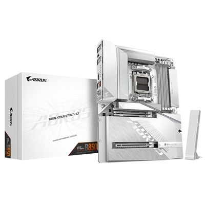 Gigabyte B850 AORUS STEALTH ICE AMD AM5 Socket Motherboard, ATX, 4x DDR5 Slots, 4x M.2 Sockets, Fitted I/O Shield, 5GbE LAN, Wi-Fi 7, 1x HDMI Port