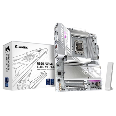 Gigabyte B860 AORUS ELITE WIFI7 ICE Intel 1851 Socket Motherboard, ATX, 4x DDR5 Slots, 3x M.2 Sockets, Fitted I/O Shield, 2.5GbE LAN, Wi-Fi 7, 1x DisplayPort / 1x HDMI Ports / 1x USB-C (USB4)