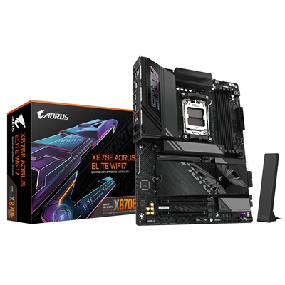 Gigabyte X870E AORUS ELITE WIFI7 AMD AM5 Socket Motherboard, ATX, 4x DDR5 Slots, 4x M.2 Sockets, Fitted I/O Shield, 2.5GbE LAN, Wi-Fi 7, 1x HDMI Port / 2x USB-C (USB4)