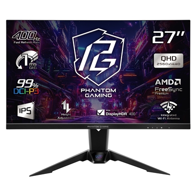 ASRock Phantom Gaming PG27QFW2A 27 Inch QHD (2560 x 1440) IPS Gaming Monitor, 400Hz 1ms (MPRT) Response Time, 2 x HDMI 2.0, 1 x DisplayPort 1.4, Height Adjustable
