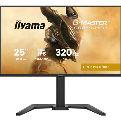 iiyama G-Master GB2591HSU-B1 24.5-Inch Fast IPS LCD, 1920×1080, up to 320Hz, 350 cd/m2 Brightness, 0.4ms MPRT , 2 x HDMI 2.1 + 1 x DP, USB Hub 2x USB 3.2 + 2x USB-C, G-SYNC Compatible/FreeSync Premium, HDR10, 2x2W Speakers, Aux, Height Adjustable Stand