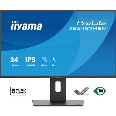 iiyama XB2497HSN-B1 24″ IPS LCD USB-C Dock Display with 65W Charging, 4ms (1ms MPRT, Full HD 1920×1080, 350 cd/m2 Brightness, RJ45, 1x HDMI,1 x DisplayPort In, 1 x DP-OUT(MST), USB Hub 2x USB 3.0 + 2x USB-C (7.5W), 2W Speakers, Height Adjustable Stand, TU