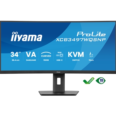iiyama ProLite Curved Monitor XCB3497WQSNP-B1 34″ VA Ultra-Wide Screen with KVM Switch, LAN, USB-C Dock, 0.4ms, 120Hz, HDMI, DisplayPort, Speakers, Height Adjustment